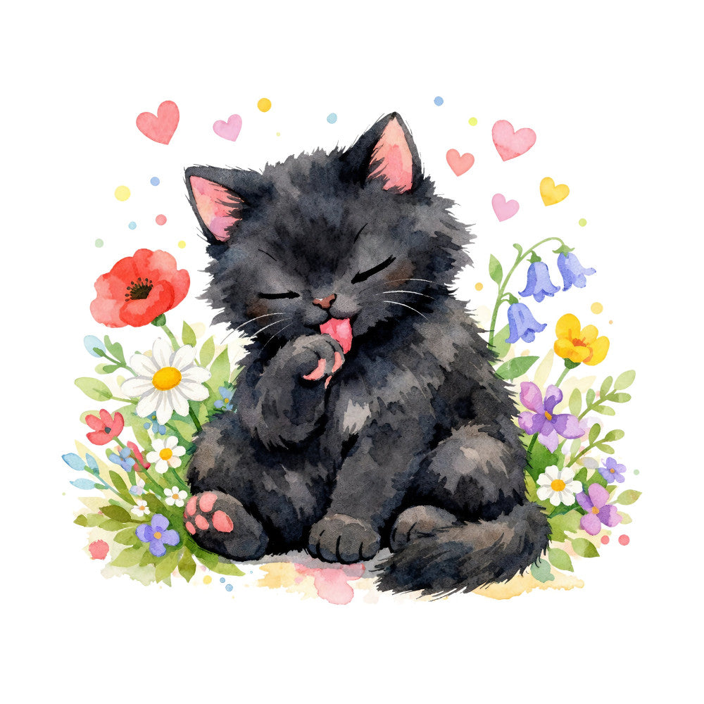 black cat, charcoal gray, coral pink, dusty rose, yellow, purple, white, floral, nature, whimsical, cute, playful, cat lover, animal, hearts, flowers, daisies, poppies, sweet, cheerful, spring, summer, garden, fabric panel, children's, pet themed, romantic, cottage core, watercolor style, illustration