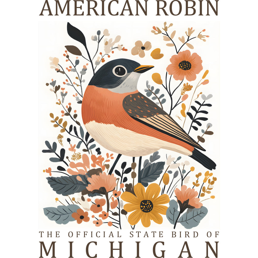 american robin, bird illustration, state bird, michigan, orange breast, dark head, botanical flowers, floral wreath, nature design, coral pink, mustard yellow, sage green, cream white, charcoal gray, folk art style, decorative panel, quilting fabric, cotton panel, spring theme, wildflowers