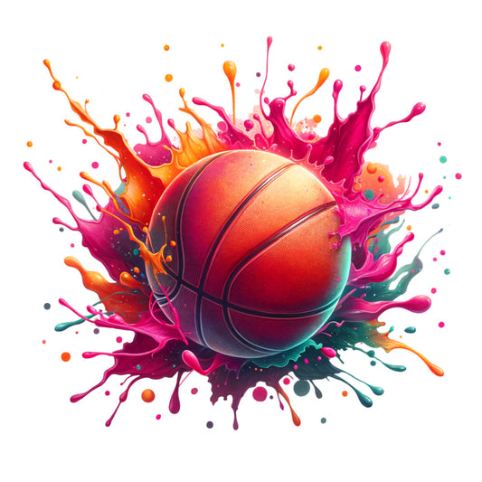basketball, watercolor, paint splash, orange, pink, magenta, teal, yellow, red, vibrant colors, sports theme, fabric panel, quilting cotton, athletic, dynamic movement, paint splatters, energetic, bright design, colorful bursts, craft fabric
