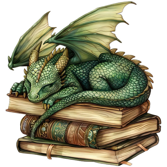 Dragon Sleeping on Books Fabric Panel 1 features a detailed green dragon resting atop a stack of vintage leather-bound books.