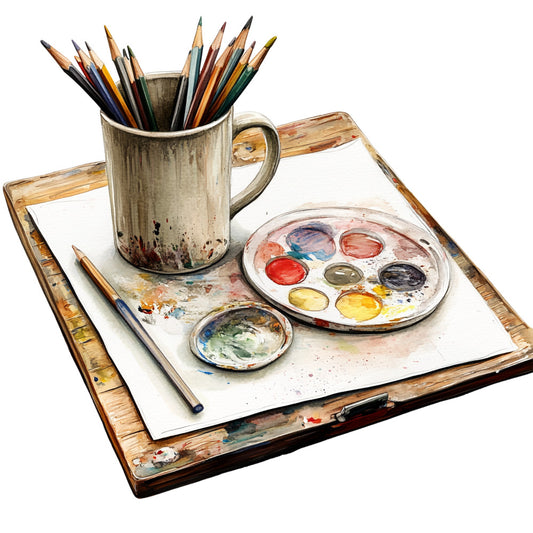 watercolor painting, artist palette, paintbrushes, colored pencils, art supplies, wooden easel, paint mug, fabric panel, earth tones, brown, yellow, red, blue, creative theme, artistic studio, watercolor style, quilting cotton, craft room, painter's workspace, realistic illustration