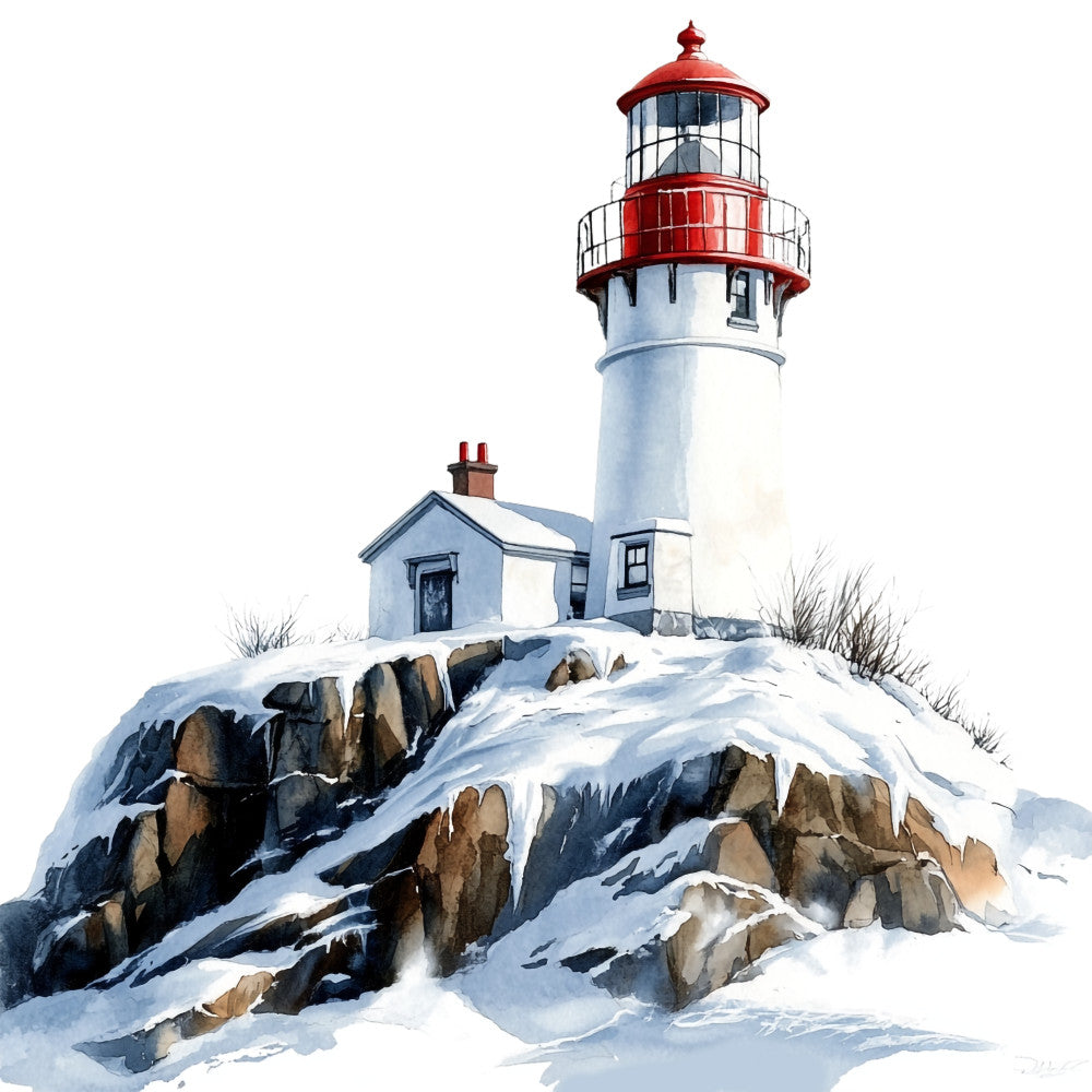 winter lighthouse, snow covered rocks, red lantern room, white tower, coastal scene, rocky cliff, small keeper house, watercolor style, fabric panel, quilting cotton, nautical theme, maritime, scotland inspired, winter landscape, red and white, snowy terrain, lighthouse beacon, seaside cottage, coastal winter, serene artwork