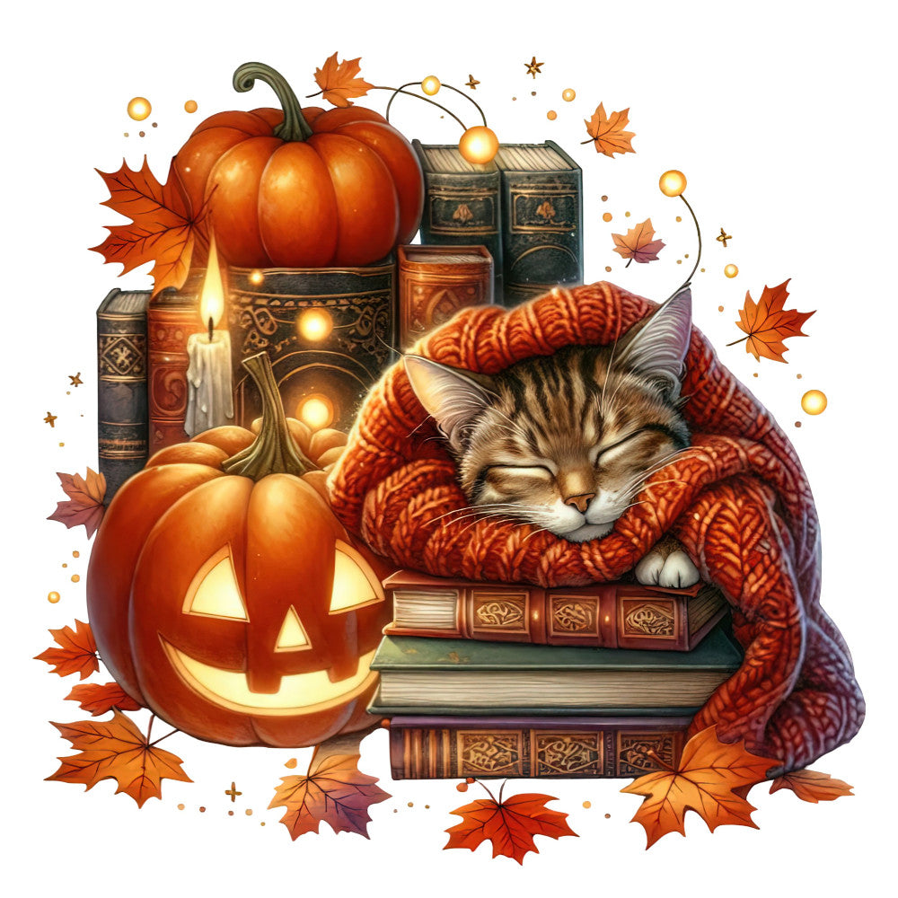 autumn, fall, halloween, cozy, pumpkin, jack-o-lantern, cat, tabby cat, sweater, knit, books, candle, candlelight, vintage, rustic, whimsical, magical, enchanted, orange, burnt orange, rust, deep red, burgundy, cream, gold, warm tones, nature, seasonal, thanksgiving, harvest
