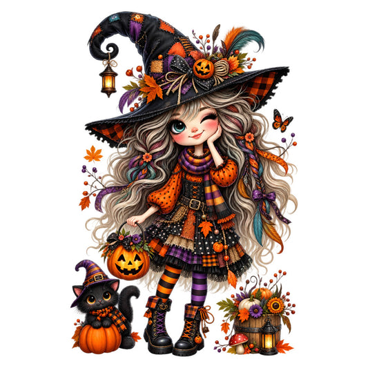 halloween witch, orange and purple, black cat, pumpkin, autumn, fall, whimsical, spooky, festive, witch hat, striped stockings, plaid, patchwork, magical, children's, cute witch, jack-o-lantern, butterflies, flowers, lantern, mushroom, leaves, seasonal, holiday, costume, enchanted, playful, girl, character panel, trick-or-treat