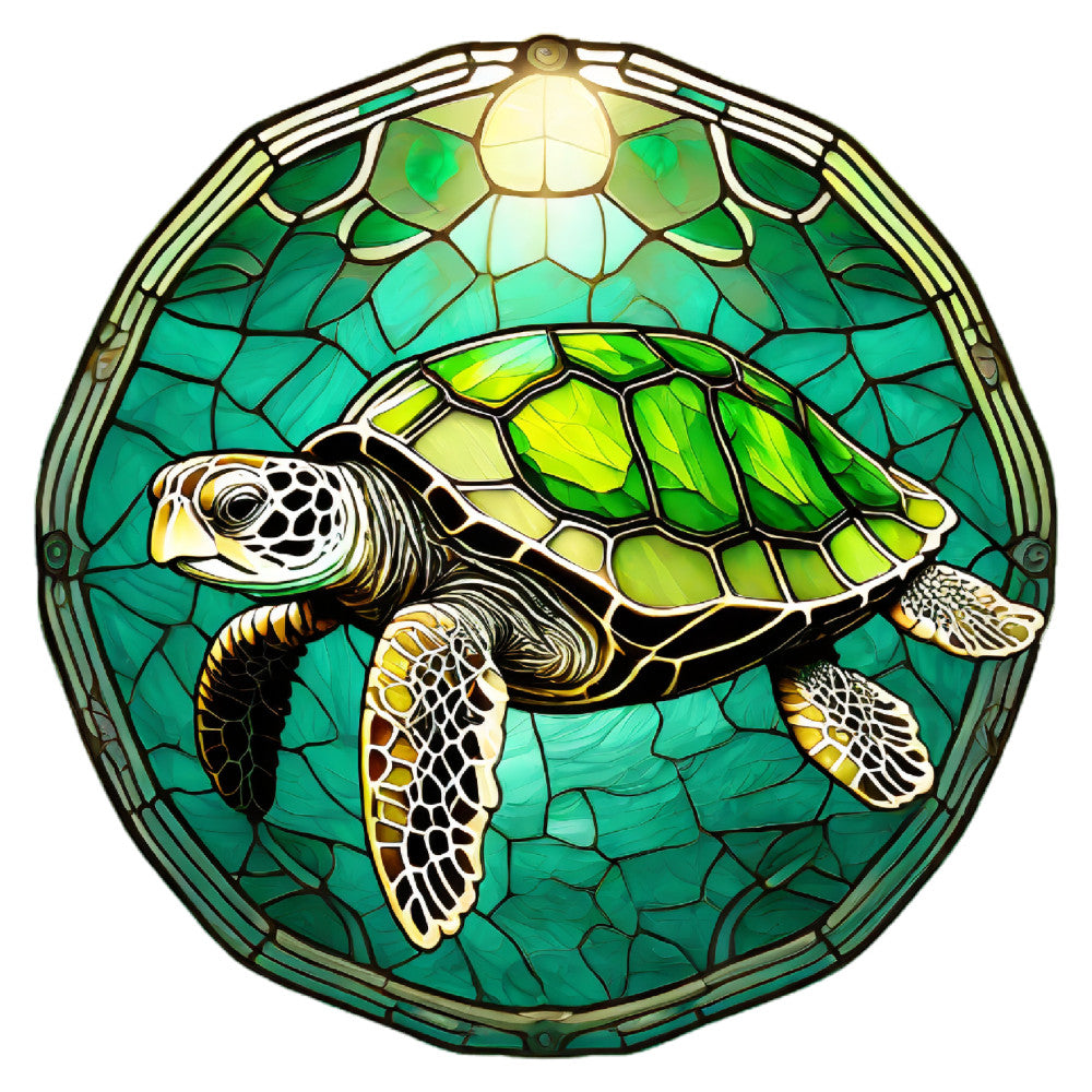 sea turtle, ocean, turquoise, emerald green, lime green, yellow-green, black, gold, cream, stained glass, wildlife, animals, marine, ocean life, nature, tropical, beach, aquatic, elegant, detailed, realistic, illustration style, coastal, summer, wall hanging, decorative panel, home decor, art panel, sea creatures, reptiles