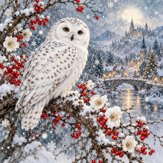 white owl, snowy owl, winter landscape, snow, castle, moonlit, full moon, red berries, rowan berries, white flowers, snow-covered branches, winter forest, holiday, christmas, enchanted, magical, whimsical, elegant, fantasy, nature, birds, wildlife, ice blue, cream white, deep red, gold, mountains, fairytale, winter scene, seasonal