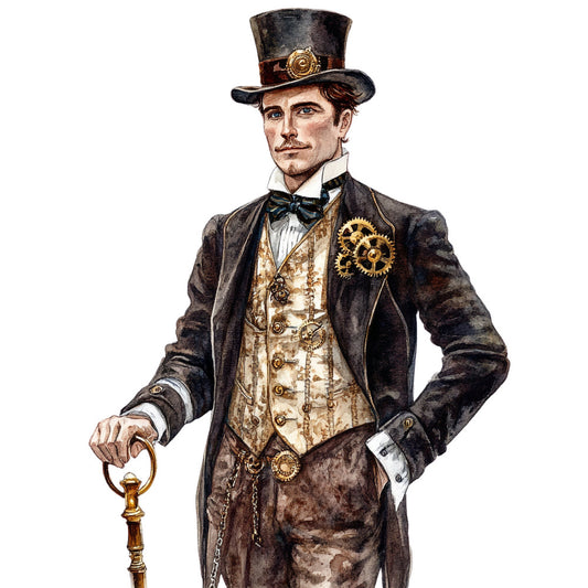 steampunk, victorian, gentleman, top hat, gears, brass, gold accents, black, cream, brown, beige, tan, mechanical, industrial, vintage, elegant, formal wear, gentleman's attire, pocket watch, chain detail, goggles, cogs, retro, nostalgic, adventure, scientific, explorer, dressy, sophisticated, male figure