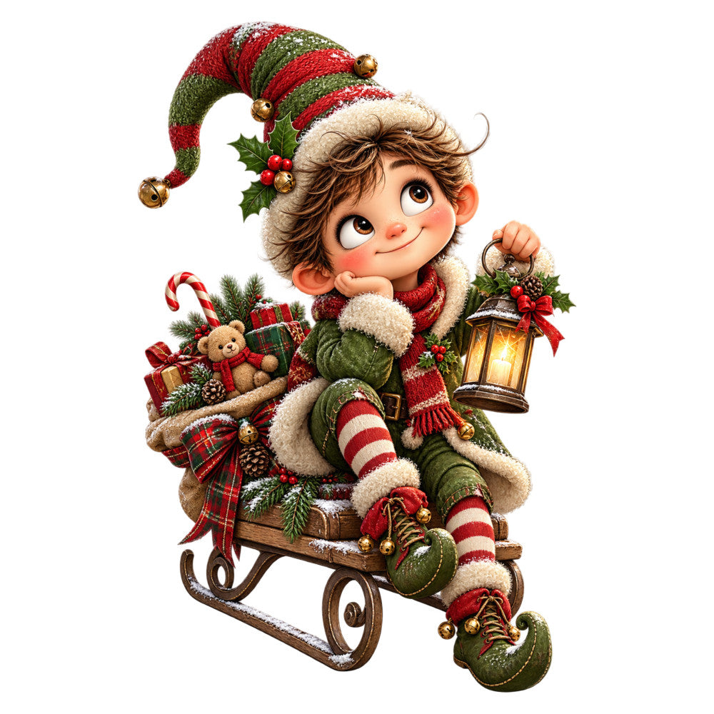 christmas, holiday, elf, whimsical, festive, red, green, cream, gold, candy cane, lantern, teddy bear, gifts, presents, striped, plaid, vintage, nostalgic, children, winter, season, cute, playful, decorative, traditional, holly, pine, sparkly, cheerful, joy