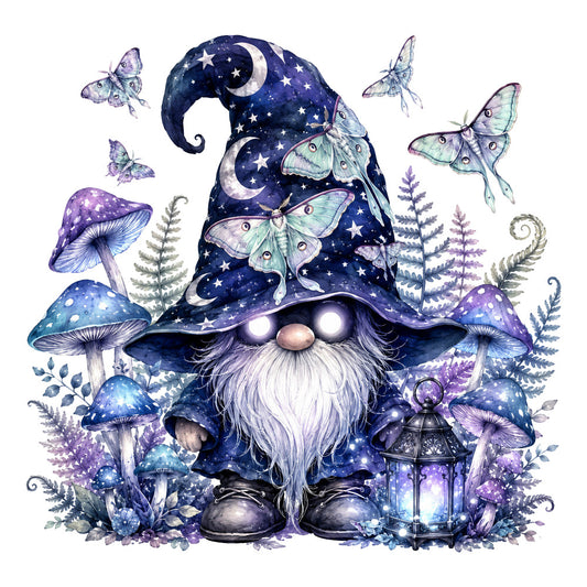 navy blue, purple, white, pale green, mint green, starry, celestial, moon, stars, gnome, wizard, magical, whimsical, fantasy, butterflies, moths, mushrooms, ferns, woodland, enchanted forest, mystical, night sky, lantern, nature, bohemian, fairy tale, storybook, magical creatures, cottage core