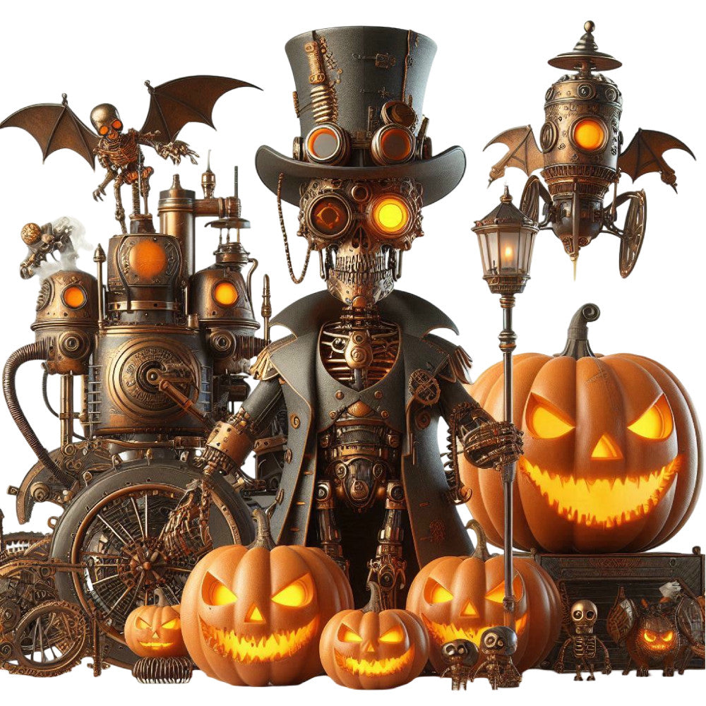 steampunk, halloween, autumn, fall, bronze, copper, gold, burnt orange, black, metallic, skull, pumpkin, jack-o-lantern, gears, mechanical, industrial, vintage, gothic, spooky, scary, holiday, bat, skeleton, festive, whimsical, dark fantasy, retro, rustic, ornate