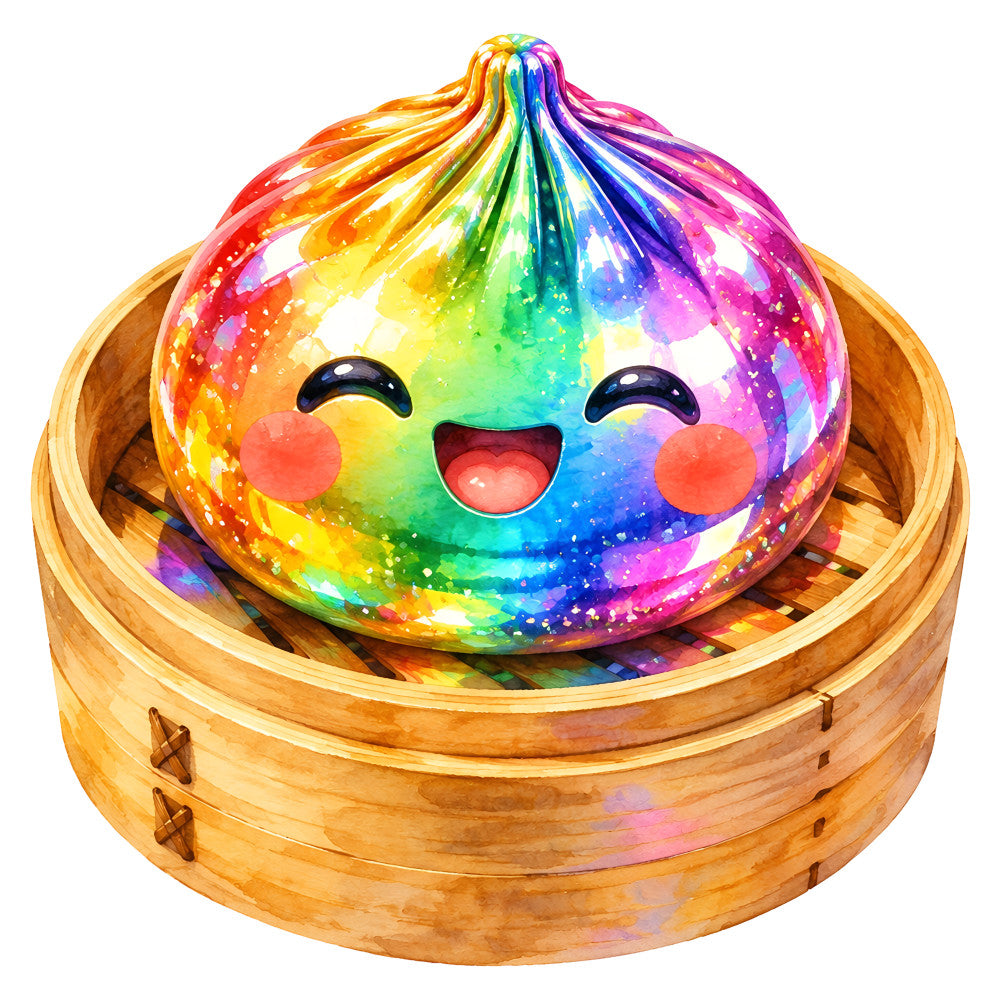 rainbow, multicolor, bright colors, vibrant, gradient, ombre, red, orange, yellow, green, blue, purple, pink, magenta, whimsical, cute, kawaii, character, smiling face, happy, playful, asian inspired, dim sum, dumpling, food, children's, novelty, fantasy, sparkle, glitter