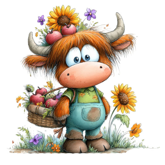 orange, rust, tan, cream, sage green, teal blue, purple, sunflower yellow, coral pink, whimsical, farmhouse, cute animals, highland cattle, cow, highland bull, flowers, sunflowers, apples, basket, garden, nature, spring, summer, folk art, charming, playful, children's, decorative, rustic, pastoral
