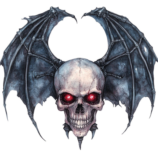 skull with bat wings, dark gothic, red glowing eyes, halloween, bat motif, demon wings, skeleton design, metal texture, supernatural, dark fantasy, horror themed, charcoal gray, deep blue, pale white, bone white, crimson red, spooky aesthetic, edgy style, dark dramatic, macabre, evil, menacing, metal studs, wing details, death themed, alternative style, metal goth, dark apparel, gothic decor, wall hanging
