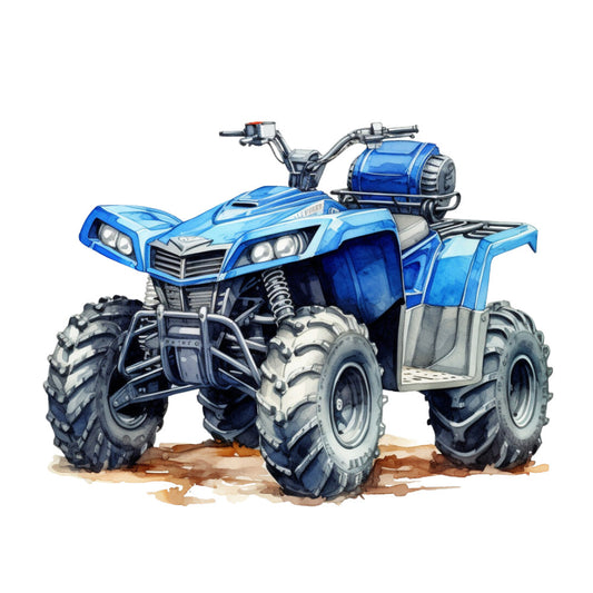 blue atv, four wheeler, all-terrain vehicle, watercolor illustration, royal blue, navy blue, silver accents, outdoor adventure, off-road vehicle, rugged tires, fabric panel, quilting cotton, transportation theme, masculine design, automotive art, recreational vehicle, detailed rendering, sports equipment, adventure theme, vehicle illustration