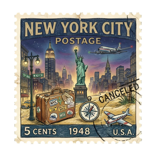 vintage new york city, retro 1948, travel theme, postage stamp design, empire state building, statue of liberty, chrysler building, suitcase luggage, compass motif, airplane travel, yellow cab taxi, street signs, skyline cityscape, navy blue, cream tan, golden yellow, sage green, vintage travel, nostalgic style, mid-century modern, travel adventure, tourist destination, urban landscape, brass gold accents, vintage postcard, collectible stamp aesthetic, wanderlust theme