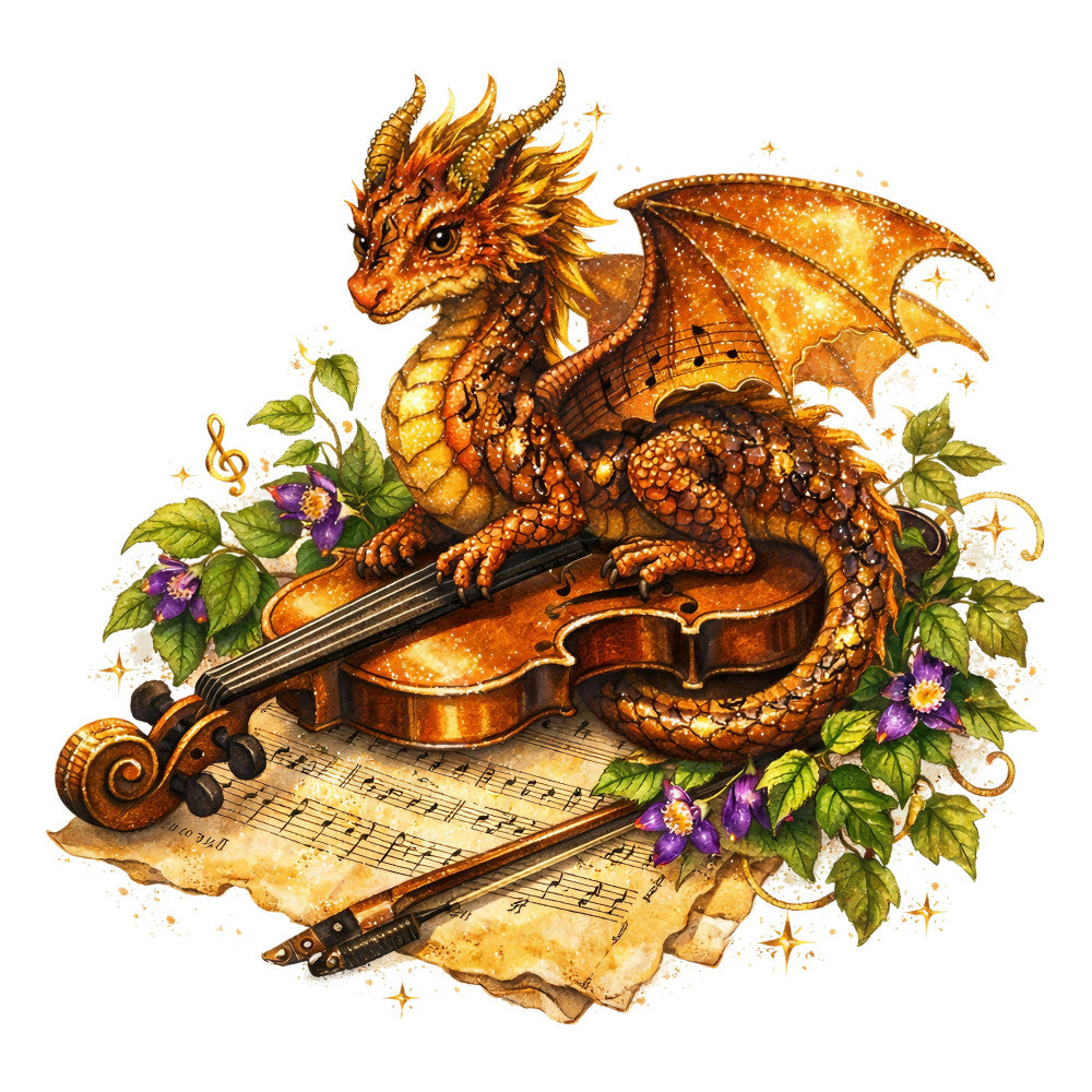 golden dragon, fantasy, whimsical, elegant, vintage, musical instruments, violin, sheet music, purple flowers, green leaves, gold metallic, copper orange, bronze, ornate, decorative, nature, magical, steampunk, celestial, sparkles, floral accents, animals, mythical creatures, traditional, romantic, artistic, music theme, enchanted, nature inspired