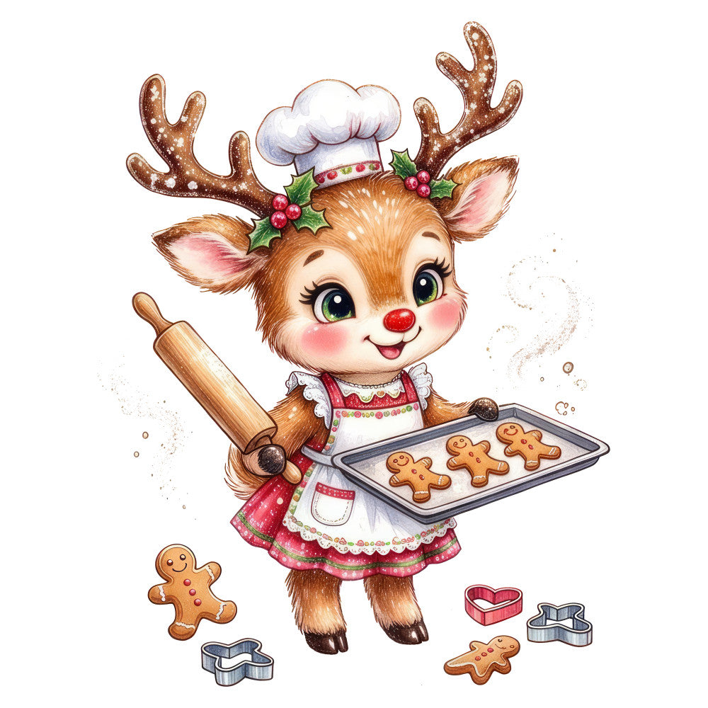 christmas, holiday, reindeer, gingerbread, baking, festive, whimsical, cute, adorable, brown, cream, red, gold, chef hat, apron, gingerbread man, cookie cutter, rolling pin, winter, seasonal, children's, playful, traditional, nostalgic, kitchen theme, baking theme, vintage charm, cheerful, joyful