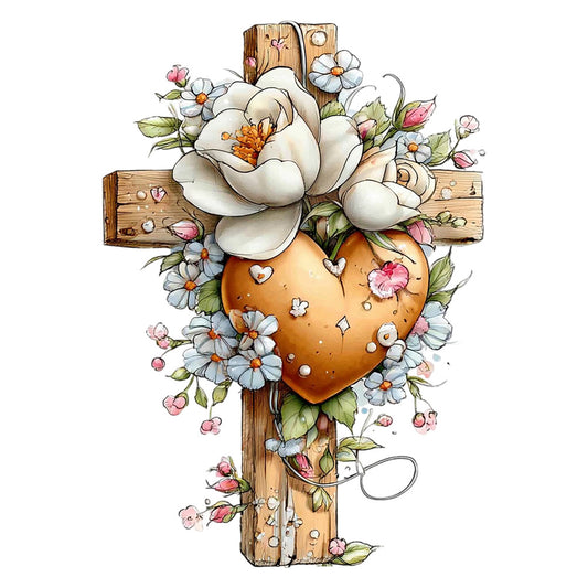 wooden cross, floral bouquet, cream flowers, orange heart, blue daisies, pink rosebuds, green leaves, rustic wood, fabric panel, watercolor style, religious motif, spring flowers, cotton fabric, quilting panel, pastoral design, soft pastels, botanical elements, country charm, magnolia blooms