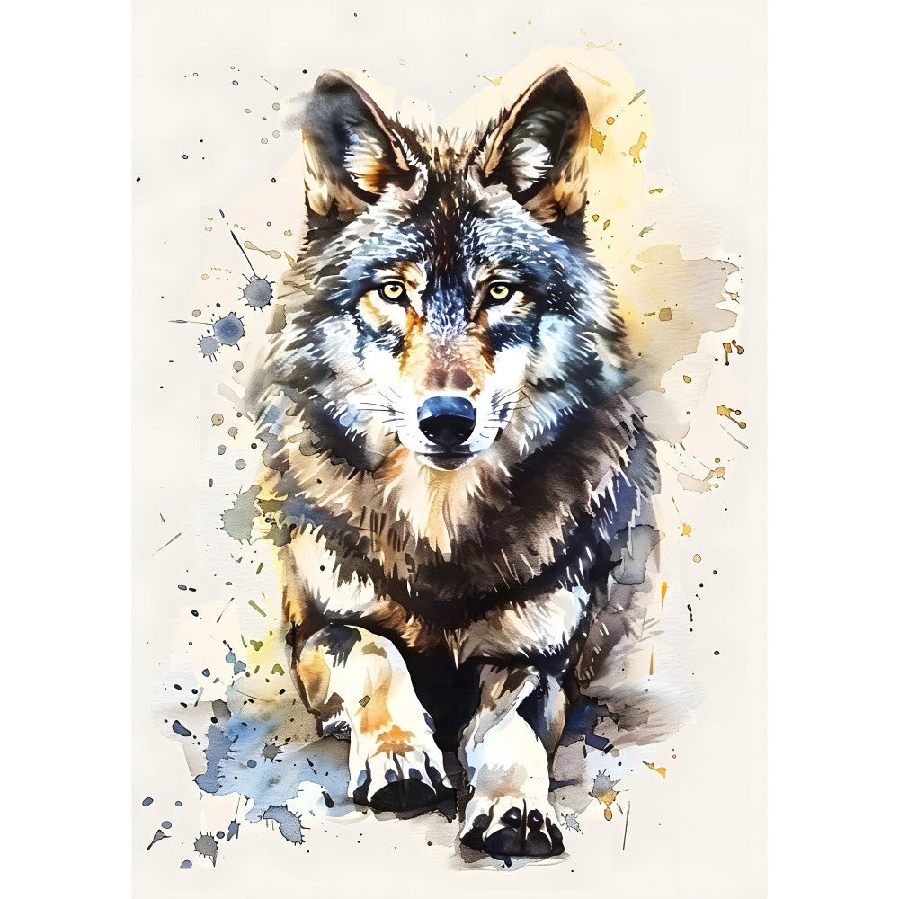 wolf, watercolor, splatter, abstract, animal portrait, wildlife, nature, gray, charcoal, cream, tan, golden yellow, blue gray, artistic, modern, contemporary, whimsical, expressive, paint splatter, ink wash, dog, canine, majestic, eye-catching, home decor, wall hanging, statement piece, neutral colors, mixed media effect