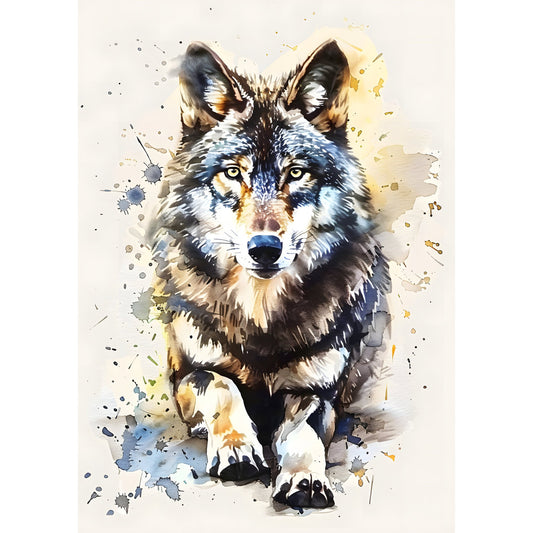 wolf, watercolor, splatter, abstract, animal portrait, wildlife, nature, gray, charcoal, cream, tan, golden yellow, blue gray, artistic, modern, contemporary, whimsical, expressive, paint splatter, ink wash, dog, canine, majestic, eye-catching, home decor, wall hanging, statement piece, neutral colors, mixed media effect