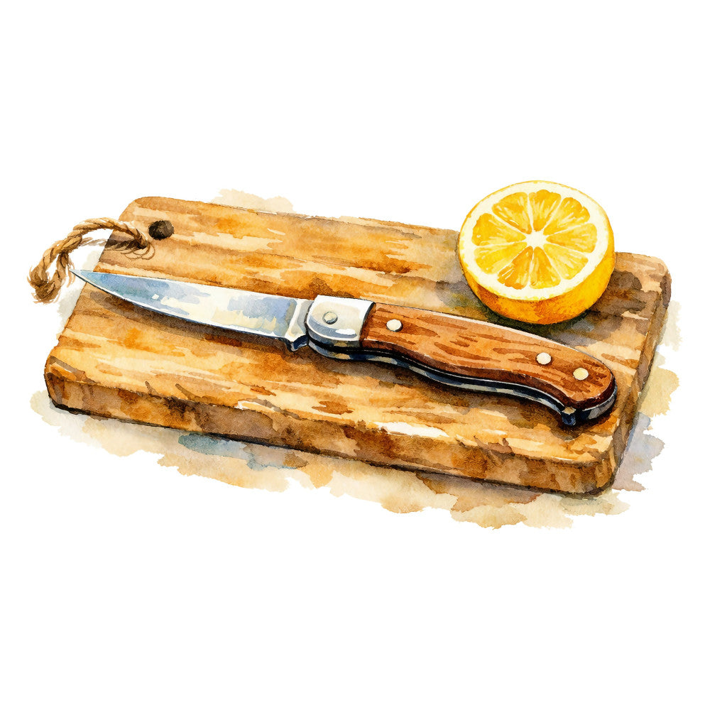 cutting board, kitchen, lemon, citrus, knife, wooden board, cooking, farmhouse, rustic, vintage, food illustration, still life, culinary, chef, recipe, cottage core, natural tones, warm brown, golden yellow, cream, neutral, botanical, food theme, kitchen decor, watercolor, hand painted, traditional, classic, domestic, country style