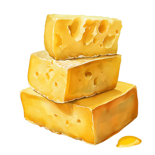 cheese, yellow, golden yellow, butter yellow, pale yellow, cream, orange-yellow, food, kitchen, farmhouse, whimsical, playful, cute, fun, holes, swiss cheese, cheddar, blocks, stacked, dimensional, 3d effect, children, kids, novelty, cottage core, rustic, modern, realistic illustration, detailed, culinary