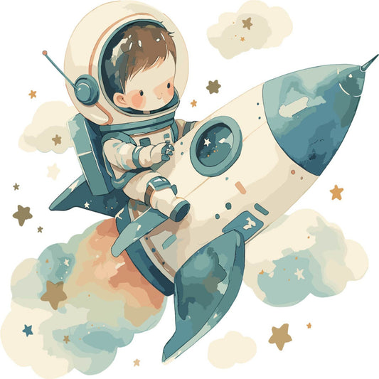 astronaut, space, rocket, celestial, stars, clouds, teal, cream, beige, tan, soft blue, sage green, burnt orange, whimsical, children's, nursery, baby, adventure, exploration, cosmic, dreamy, illustration, character, boy, helmet, spaceship, playful, modern, cute, gender neutral