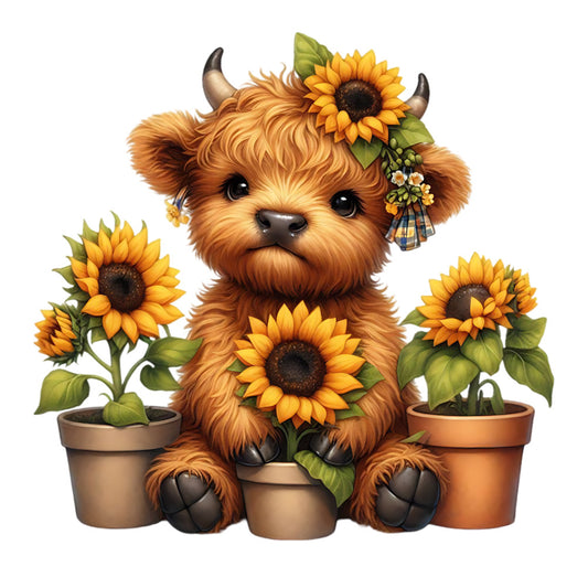 Sunflower Highland Cows Fabric Panel 13 featuring an adorable highland cow with sunflowers in pots and on its head in vibrant colors.