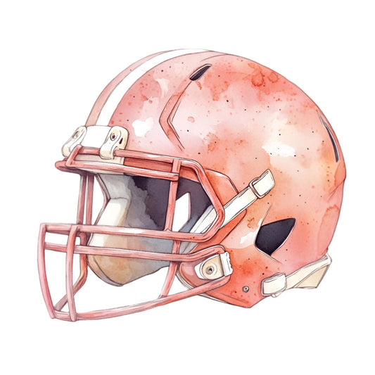 coral pink, salmon pink, watercolor, sports themed, football helmet, athletic, masculine, modern, casual, sports fan, rose pink, speckled, textured, blush pink, muted tones, helmet design, team spirit, game day, sports apparel inspired, illustration style, painted effect, dusty rose, fall sports, recreation themed, wearable sports style, fan apparel, contemporary, semi-realistic