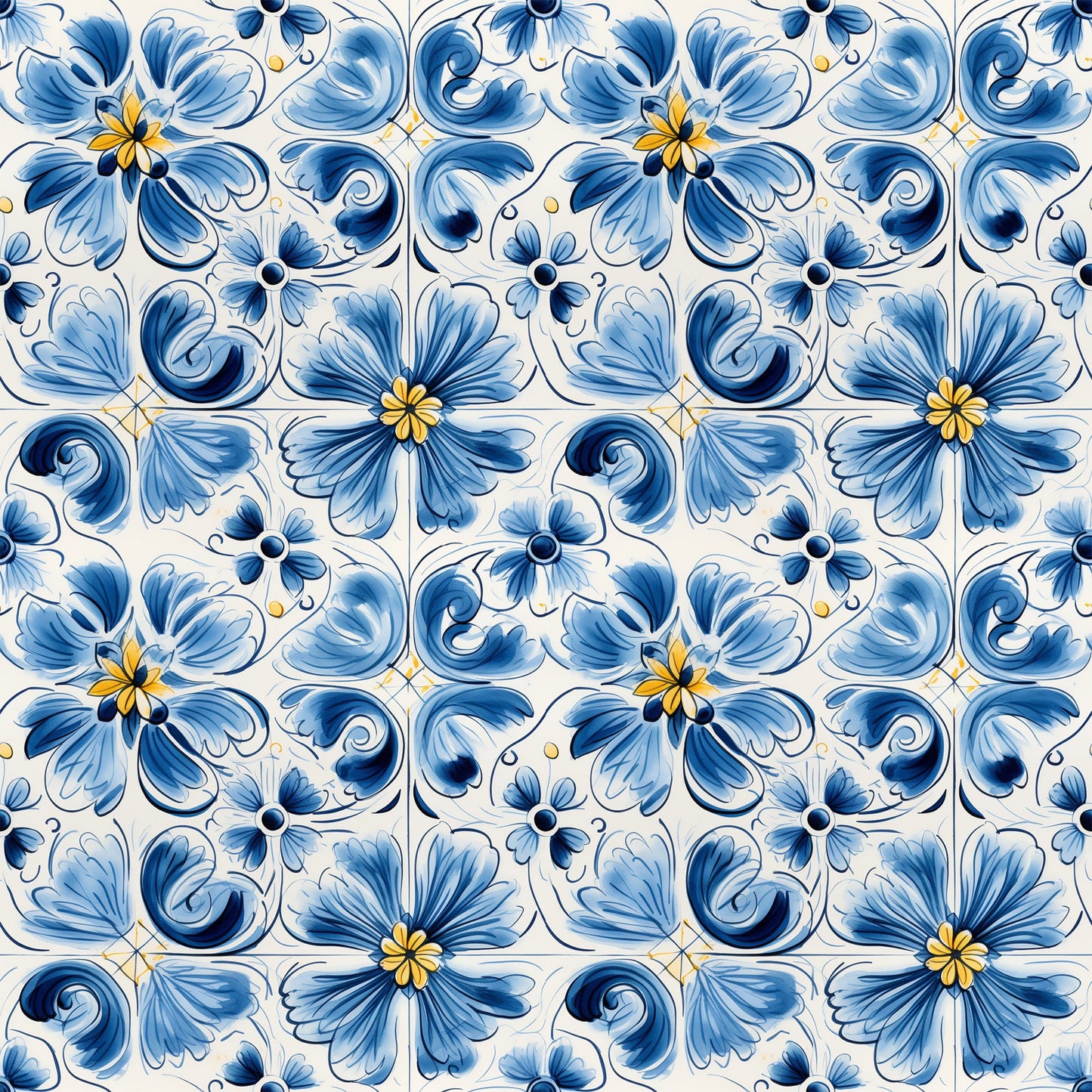 Blue Handpainted Tiles Pattern 6 Quilting Cotton Fabric