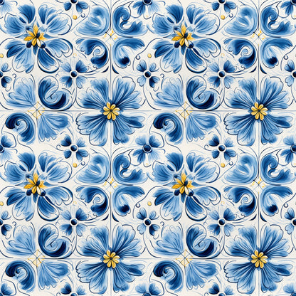 Blue Handpainted Tiles Pattern 6 Quilting Cotton Fabric