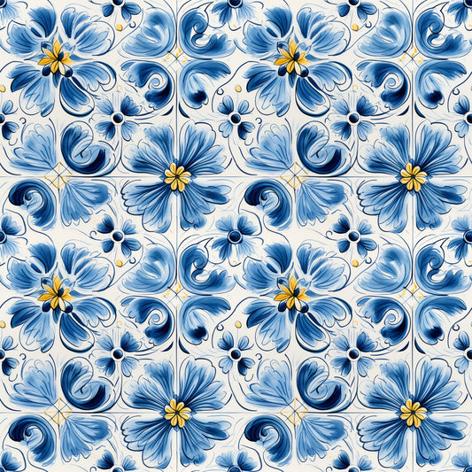Blue Handpainted Tiles Pattern 6 Quilting Cotton Fabric