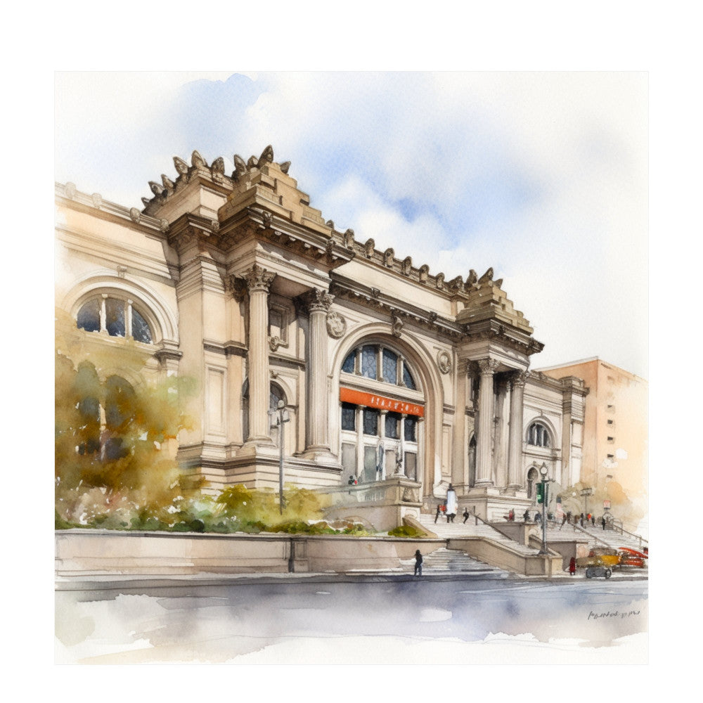 architectural, beige, cream, tan, building, museum, cityscape, watercolor, landscape, urban, vintage, classic, elegant, neoclassical, landmark, metropolitan, art deco, illustrated, scenic, travel, cultural, historical, light blue, soft blue, gray, neutral tones, artistic, sophisticated