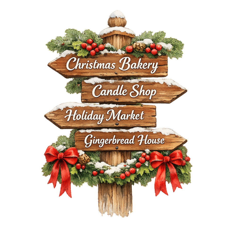 christmas, holiday, wooden signs, directional signs, red ribbons, festive, rustic, farmhouse, traditional, winter, snow, evergreen, holly berries, red bows, gingerbread, bakery, market, candle shop, seasonal, winter décor, vintage, whimsical, cream, forest green, deep red, natural wood tones, decorative, inspirational text, craft themed, nostalgic