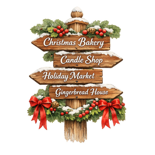 christmas, holiday, wooden signs, directional signs, red ribbons, festive, rustic, farmhouse, traditional, winter, snow, evergreen, holly berries, red bows, gingerbread, bakery, market, candle shop, seasonal, winter décor, vintage, whimsical, cream, forest green, deep red, natural wood tones, decorative, inspirational text, craft themed, nostalgic