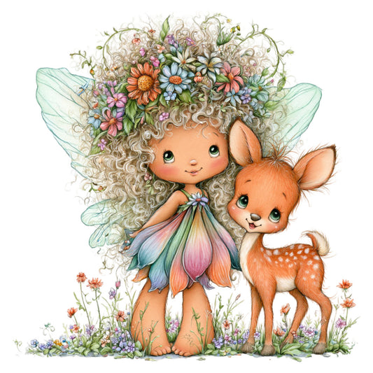 fairy, flower fairy, whimsical, nature, floral, animals, deer, fawn, spring, garden, fantasy, magical, enchanted, woodland, childlike, sweet, delicate, pale green, soft pink, coral, cream, sage green, pastel colors, flowers, daisies, wildflowers, baby, children's, nursery, girl