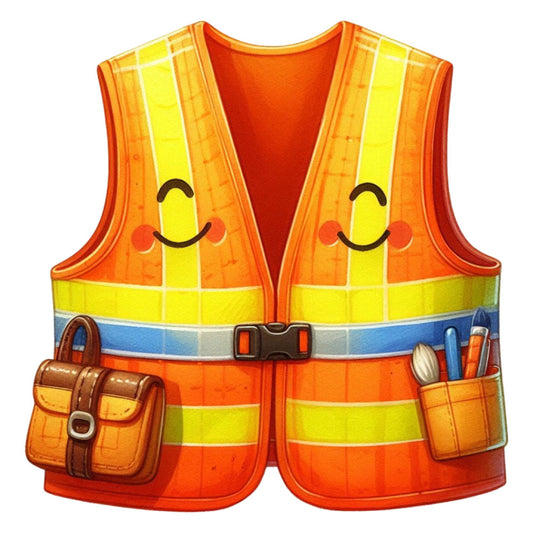 safety vest, construction, worker, orange, yellow, neon yellow, reflective stripes, tool belt, toolbox, wrench, screwdriver, hard hat, whimsical, cute, smiling face, children's, kids fabric, playful, occupational, professional, tradesman, builder, handyman, cartoon, novelty, bright colors, vibrant, blue stripe, work theme, construction worker