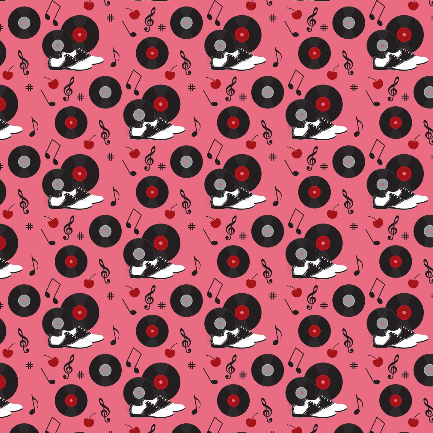 50s Black and Red Diner Pattern 16 Quilting Cotton Fabric