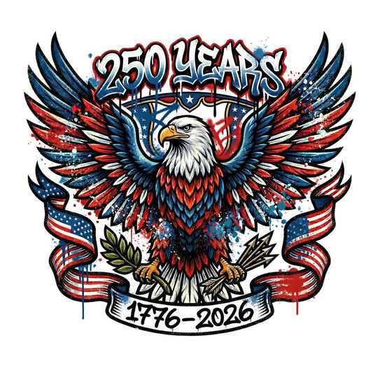 patriotic, red white blue, eagle, american flag, 250 years, bicentennial, 1776-2026, stars and stripes, liberty, independence day, fourth of july, wings, americana, grunge texture, distressed, bold, dramatic, large scale, statement print, commemorative, historical, national pride, bald eagle, olive branch, banner, splatter effect, vintage americana, traditional american
