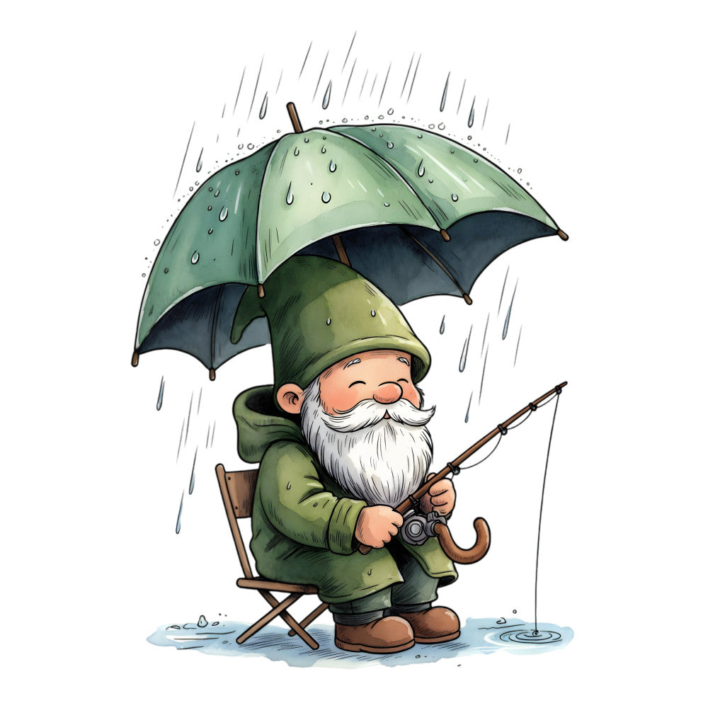 gnome, fishing, rainy day, sage green, olive green, forest green, cream, tan, brown, khaki, whimsical, charming, storybook, children's, novelty, outdoor, countryside, nature, vintage, rustic, folk art, cottage core, character, illustration, humorous, friendly, cozy, relaxation, hobby, leisure