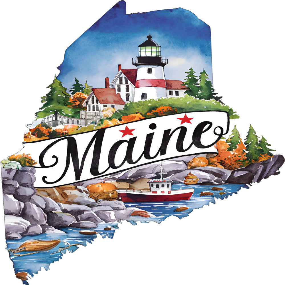 Classic US States Fabric Panel 36 featuring Maine with lighthouse, coastal rocks, trees, and fishing boat in vibrant quilting cotton print