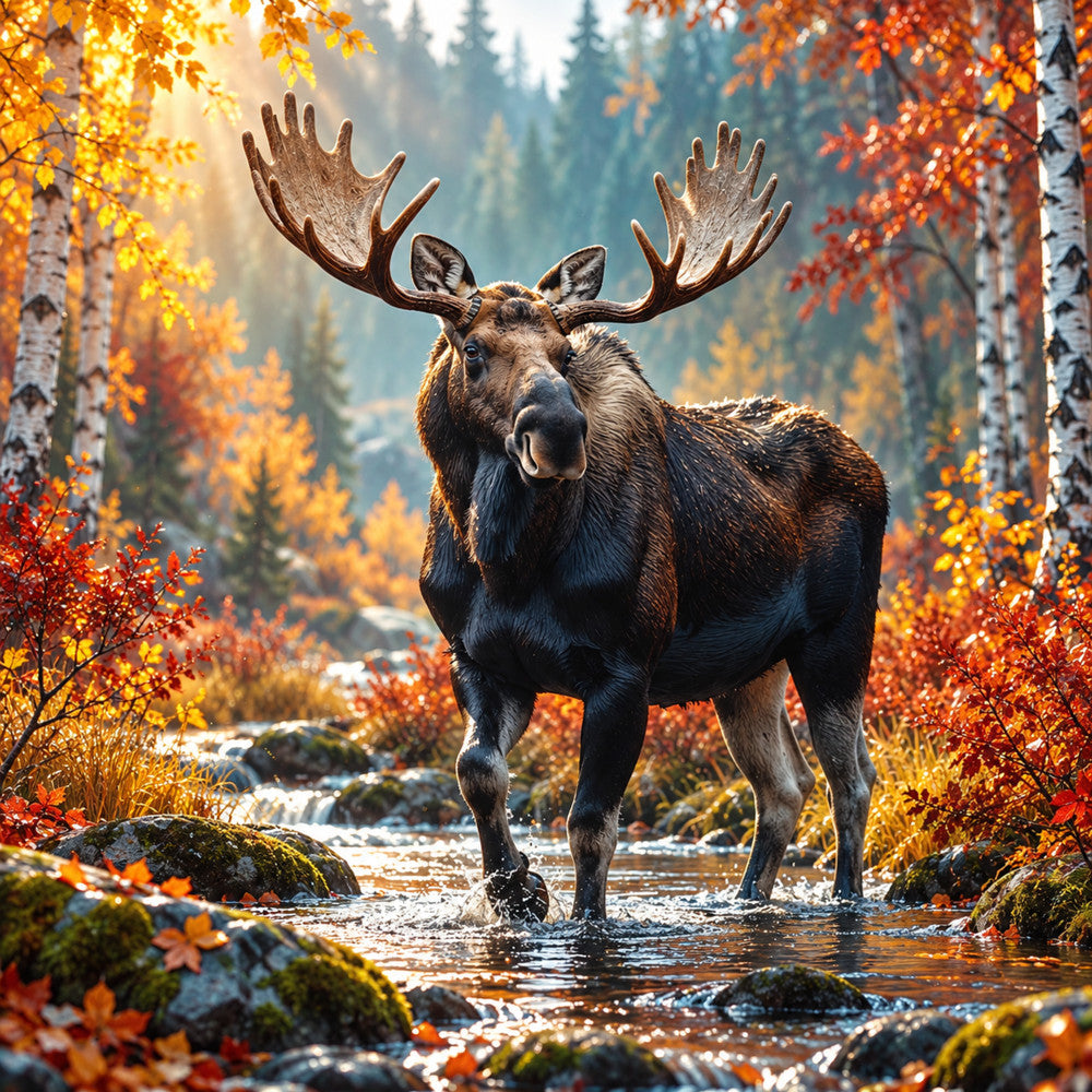 moose, wildlife, forest animals, autumn, fall foliage, gold, amber, orange, red, brown, bronze, cream, birch trees, evergreen, coniferous forest, stream, nature, rustic, majestic, woodland, scenic landscape, antlers, boreal forest, seasonal, autumn leaves, earthy tones, wall hanging, large scale print, realistic animals