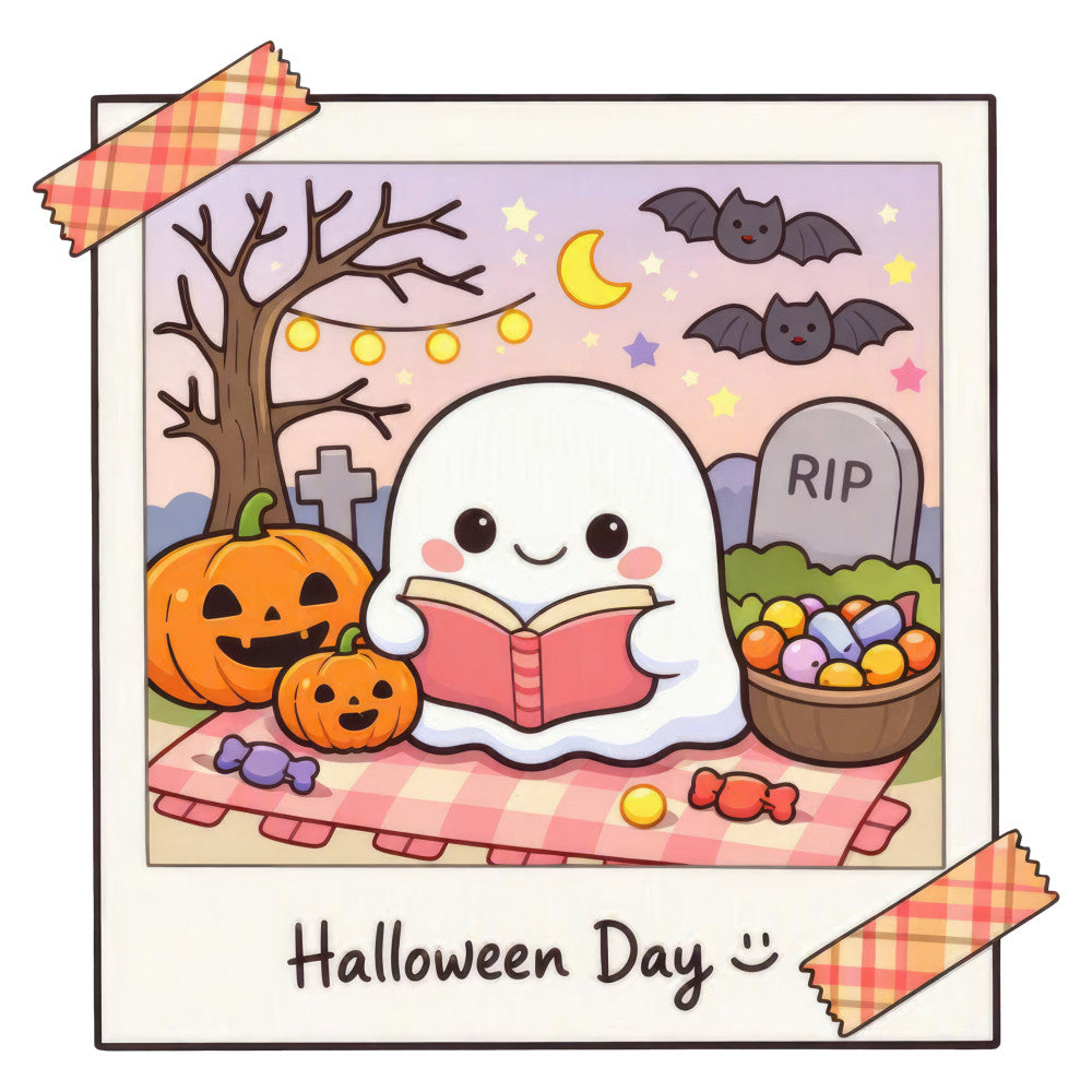 halloween, ghost, pumpkin, cute, whimsical, bats, moon, stars, candy, tombstone, graveyard, jack-o-lantern, autumn, fall, holiday, spooky, festive, cream white, orange, purple, pink, picnic blanket, checkered, gingham, children's, kids, playful, reading, book, night sky