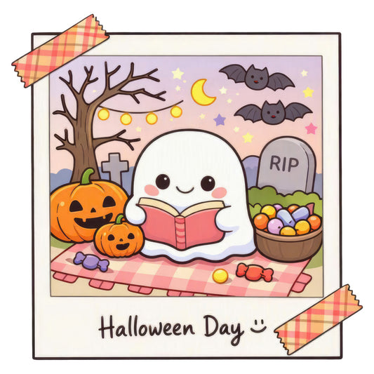 halloween, ghost, pumpkin, cute, whimsical, bats, moon, stars, candy, tombstone, graveyard, jack-o-lantern, autumn, fall, holiday, spooky, festive, cream white, orange, purple, pink, picnic blanket, checkered, gingham, children's, kids, playful, reading, book, night sky