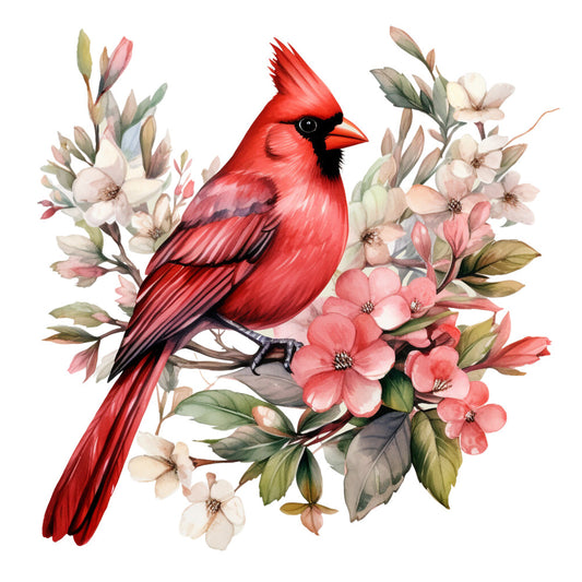 red cardinal, bird, watercolor style, floral design, pink flowers, white blossoms, green leaves, coral petals, botanical illustration, fabric panel, quilting cotton, spring theme, nature motif, soft pastels, delicate artwork, flowering branches, songbird, artistic rendering, craft fabric