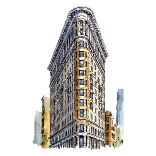 flatiron building, new york city, architecture, urban, cityscape, vintage architecture, art deco, geometric, cream, tan, beige, gold, gray, grey, blue grey, illustration, detailed, sketch style, building motif, landmarks, travel theme, nostalgic, retro, elegant, sophisticated, modern vintage, building facades, steampunk, industrial, contemporary