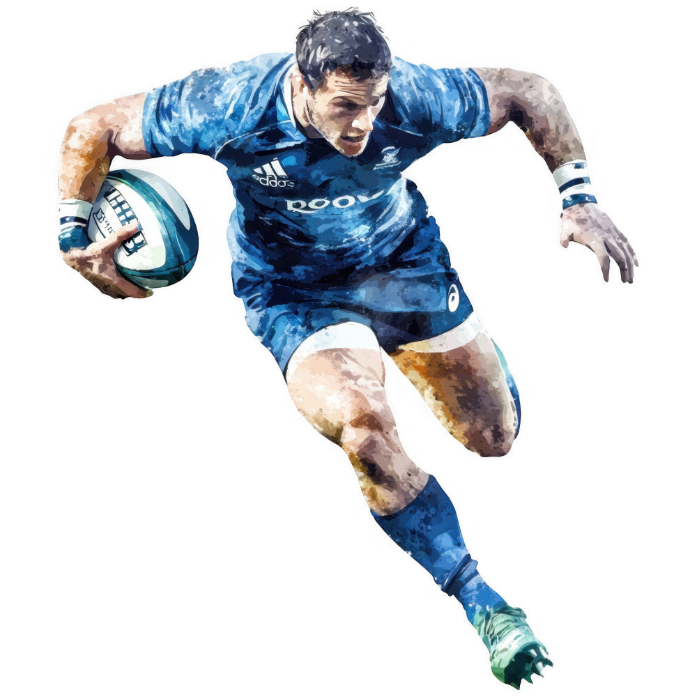 rugby, sports, athletic, watercolor, blue, navy blue, teal, white, abstract, modern, action, male athlete, ball player, dynamic, energetic, masculine, sport themed, watercolor effect, painted style, casual, contemporary, novelty, figurative, illustration style, realistic, strength, movement, competitive sports