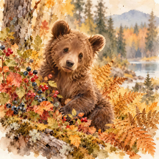 bear, woodland, autumn, fall, forest, nature, wildlife, animal, rustic, whimsical, watercolor, berries, ferns, birch tree, mountains, lake, landscape, golden yellow, warm brown, rust orange, cream, forest green, seasonal, cozy, natural, vintage style, storybook, children's, nursery, wall hanging