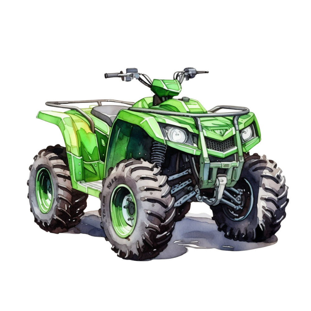 green atv, four wheeler, off-road vehicle, bright green, lime green, watercolor style, outdoor adventure, rugged tires, fabric panel, quilting cotton, transportation theme, recreational vehicle, adventure sports, masculine design, vehicle illustration, atv artwork, outdoor recreation, motor sports, fabric square, panel design