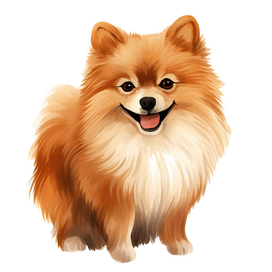 Watercolor Dogs Fabric Panel 5 features a detailed, smiling Pomeranian illustration on premium quilting cotton printed in the USA.